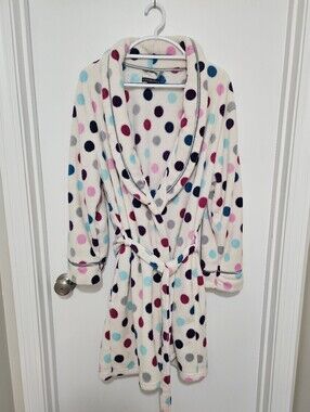 Covington White Fleece Robe with Polka Dots‎ Soft Plush Bathrobe Large Womens